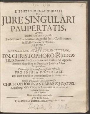 Disputatio Inauguralis De Iure Singulari Paupertatis