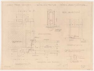Haus Jansen, Berlin-Grunewald: Türen im Arbeitszimmer: Aufriss 1:20, horizontaler und vertikaler Schnitt 1:1 (von Inv.Nr. 22082)