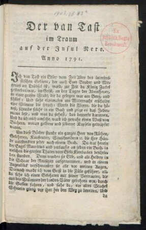 Der van Tast im Traum auf der Insul Nero. Anno 1791.