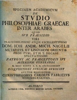 Specimen Academicvm De Stvdio Philosophiae Graecae Inter Arabes