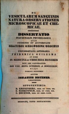 De vesicularum sanguinis natura observationes microscopicae et chemicae : dissertatio inauguralis physiologica