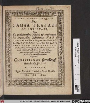 Disputationes Aliquot De Causa Testati Et Intestati