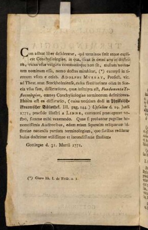 Cum adhuc liber desideratur, ... - Conchylia sunt vel ochleae, quarum domicilium simplex est, ...