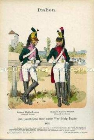 Uniformdarstellung, Gemeine verschiedener Dragoner-Regimenter, Italien, 1812.