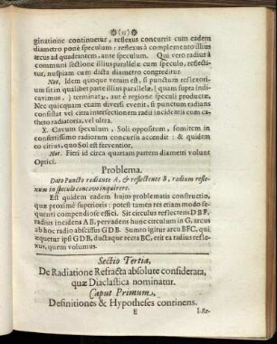 Sectio Tertia, De Radiatione Refracta absolute considerata, quæ Diaclastica nominatur.