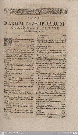 Index. Rerum praecipuarum, quae in hoc tractatu secundo continentur.