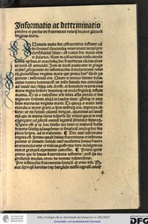 Informatio ac determinatio pulchra et perutilis de fraternitate rosarii beate et gloriose virginis Marie.