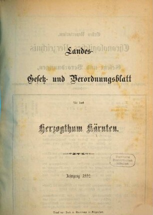 Landes-Gesetz- und Verordnungsblatt für das Herzogthum Kärnten. 1892