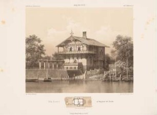 Villa Landré, Berlin-Treptow: Grundriss, Perspektivische Ansicht (aus: Architektonisches Skizzenbuch, H. 80/3, 1866)