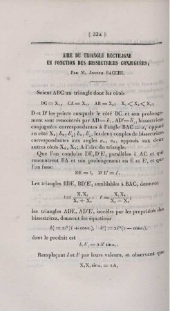 Aire du triangle rectiligne en fonction des bissectrices conjuguées.