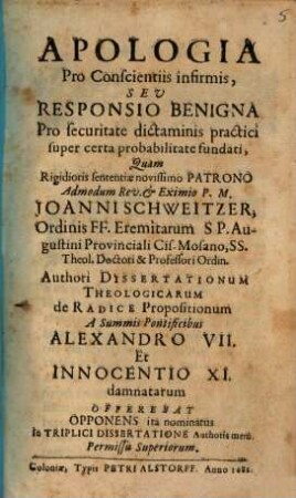 Apologia pro conscientiis infirmis ... : cum Appendice