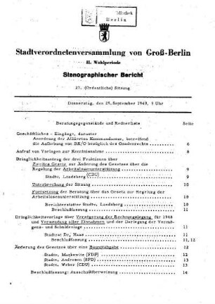 Nr. 27, 29. September 1949, Ordentliche Sitzung