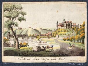 Stadtansicht von Meißen, Blick von Norden über die Elbe auf die Brücke (dritter Zustand 1637 bis 1757), die Altstadt und den Burgberg mit Albrechtsburg und Dom, im Hintergrund das Schloss Siebeneichen