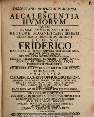 Dissertatio Inavgvralis Medica De Alcalescentia Hvmorvm