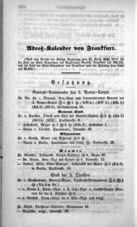 Adreß-Kalender von Frankfurt