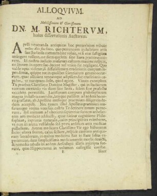 Alloquium Ad Nobilissimum & Clarissimum Dn. M. Richterum, huis dissertationis Auctorem