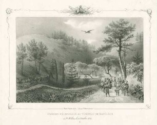 Wallfahrt zum Grabmal Kaiser Napoleon I. am 11. Okt.. 1840 auf Insel St. Helena: umzäunte gepflegte Grabanlage, der sich eine Schar Uniformierter sowie auch Damen nähern