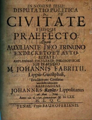 Disp. polit. de civitate, eiusque praefecto