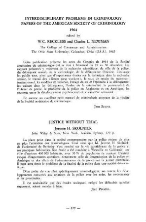 477, Interdisciplinary in criminology. Papers of the American Society of Criminology, by W. C. Reckless and Charles L. Newman