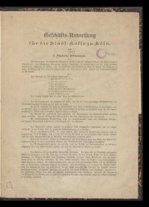 Geschäfts-Anweisung für die Stadt-Kasse zu Cöln