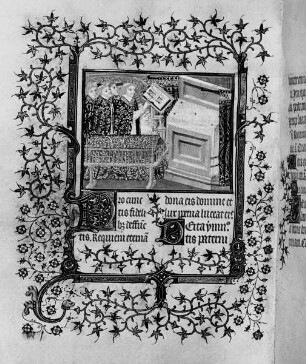 Schmuckseite mit Miniatur: Heilige Messe, Dornblattbordüre und Initiale D, Folio verso