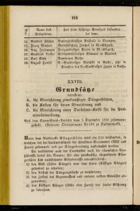 XXVIII. Grundsätze betreffend: A. die Einrichtung zweckmäßiger Düngerstätten, B. die Kosten für deren Einrichtung und C. die Einrichtung einer Darlehns-Kasse für die Prämienbewerbung. Aus dem Kommissions-Berichte vom 7. September 1850 zusammengestellt