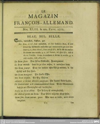Nro. XLIII. le XIX. Fevr. 1778