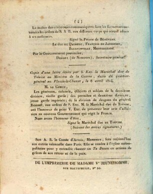 Extrait du Moniteur du 12 Avril 1814. Acte d'Abdication de l'Empereur Napoléon