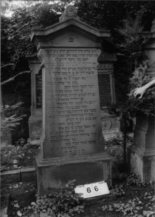Grabstein 66 (Index: 100094942) Material: Sandstein Zustand: gut Maße HxBxT: 187x76x41 cm Beschreibung: kon. Stele, profilierter Sockel, giebelart. Abschluß m. Verdach. u. Mittelakroter Symbolik: Blätter im Akroter Besonderheit: langes Lobgesdicht: Grabstein 66