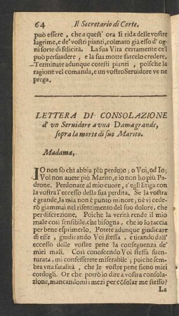 Lettera Di Consolazione d' un Servidore a una Damagrande, sopra la morte di suo Marito.