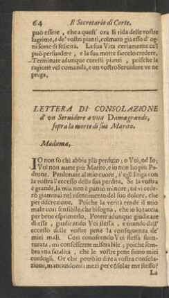 Lettera Di Consolazione d' un Servidore a una Damagrande, sopra la morte di suo Marito.