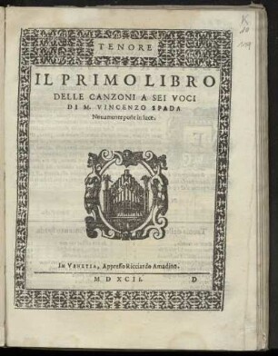 Vincenzo Spada: Il primo libro delle canzoni a sei voci. Tenore