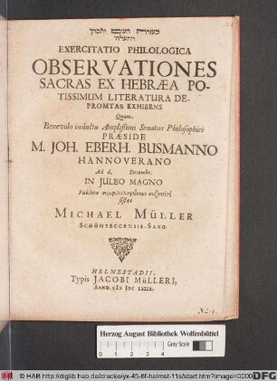 Exercitatio Philologica Observationes Sacras Ex Hebraea Potissimum Literatura Depromtas Exhibens