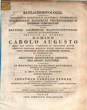 Batrachomyologia : dissertatio inauguralis anatomico-physiologica myologiam ranarum Thuringicarum exhibens comparatam ; accedunt tabulae duae aeri auctore ipso incisae
