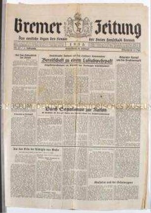 "Bremer Zeitung" mit der Meldung über die "Schändung" eines Hitler-Bildes durch Ernst Döring (S. 3, "Ein unerhörter Vorfall") - Personenkonvolut