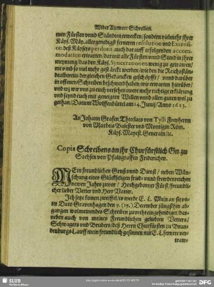 Copia Schreibens an ihr Churfürstlich Gn. zu Sachsen von Pfaltzgraffen Friderichen