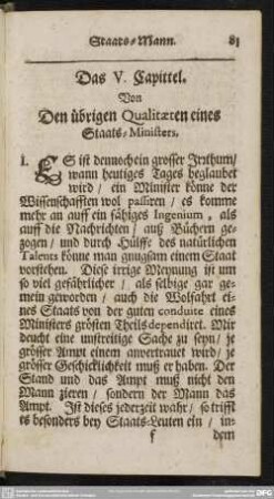 Das V. Capittel. Von Den übrigen Qualitaeten eines Staats-Ministers