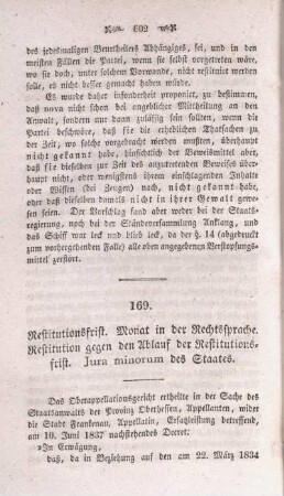 168. Restitutionsfrist. Monat in der Rechtssprache. Restitution gegen den Ablauf der Restitutionsfrist. Jura minorum des Staates.