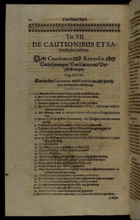 Tit. VII. De Cautionibus Et Satisdationibus. Von Cautionen und Reversen oder Versicherungen/ Vorständen und Verpflichtungen.