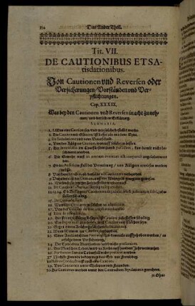 Tit. VII. De Cautionibus Et Satisdationibus. Von Cautionen und Reversen oder Versicherungen/ Vorständen und Verpflichtungen.