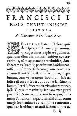 Francisci I. Regis Christianissimi Epistola Ad Clementem VII. Pontif. Max.
