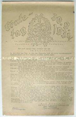 Hektografiertes Rundschreiben einer NSDAP-Ortsgruppe an alle Einwohner des Ortes zum Erntetag