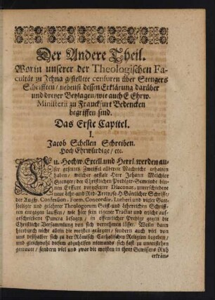 Der Andere Theil. Worin unserer der Theologischen Facultät zu Jahna gestellete censuren über Stengers Schrifften ... begriffen sind.