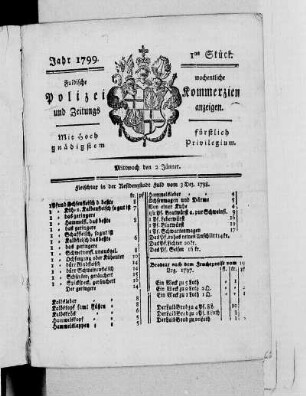 1799: Fuldaische wöchentliche Policey-Commercien und Zeitungsanzeigen : mit hochfürstlich gnädigsten Privilegio