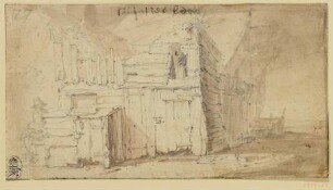 Altes Haus und ausgebaute Bretterbude, dahinter Mann