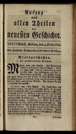 XXXVI. Stück. Coburg, den 4.Sept. 1762.