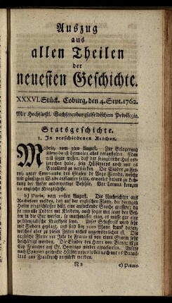 XXXVI. Stück. Coburg, den 4.Sept. 1762.