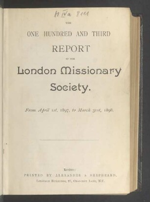 103.1897/98: Report of the London Missionary Society