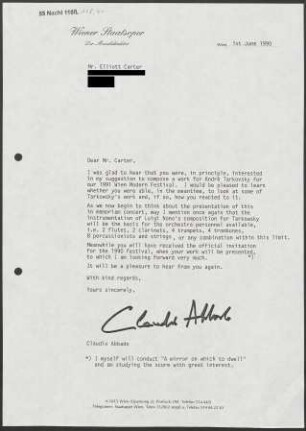 Brief an Elliott Carter, 01.06.1990