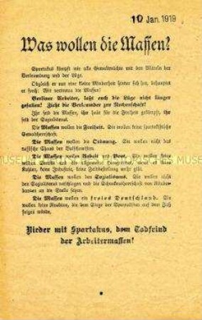 Propagandaflugblatt mit einem Aufruf zum Kampf gegen Spartakus